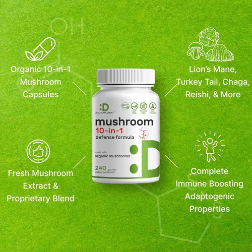 Vista 4 de Suplemento orgánico de hongos 10 en 1, 240 cápsulas – Melena de león, cola de pavo, reishi, cordyceps y más complejo de hongos – Apoyo inmunológico