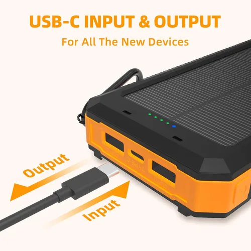 Vista 5 de Cargador solar de 20000 mAh, cargador portátil con 4 cables integrados y entrada USB-C, linternas de emergencia duales, batería impermeable