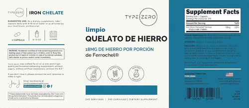 Vista 5 de Quelato de hierro tipo cero (18 mg) 240 cápsulas, sin gluten, sin OMG
