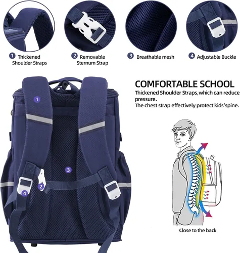 Vista 4 de KEBI Mochila escolar para niños con lindo dinosaurio azul marino bolsa escolar totalmente abierta para niño de 7 a 12 años, Desmontable Gris Marino