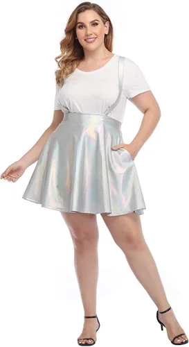 Vista 2 de HDE Falda de tirantes metálica brillante de talla grande con cintura alta holográfica, Metálico