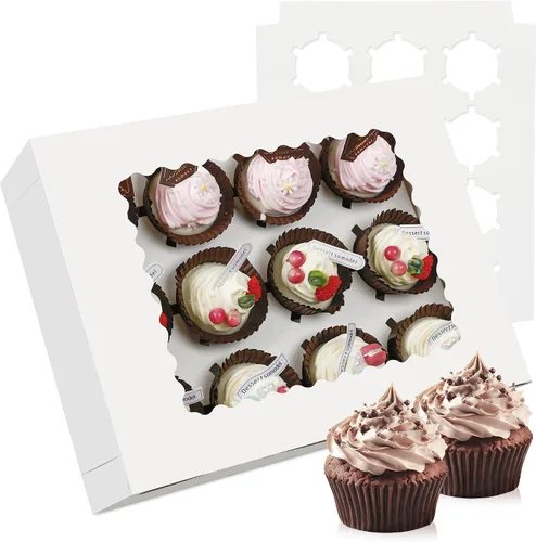 Vista 9 de Juego de 3 cajas para cupcakes a granel con ventana transparente para 12 cupcakes estándar, contenedor desechable de grado alimenticio azul