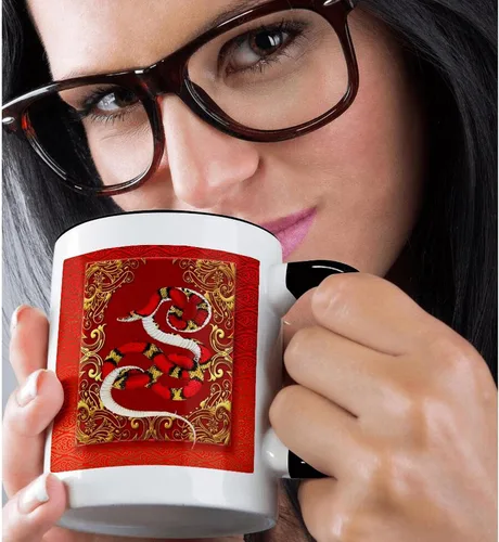 Vista 2 de 3dRose (mug_101845_4) Año del zodiaco chino Año de la serpiente Año Nuevo chino rojo, dorado y negro - Taza negra de dos tonos, 11 oz