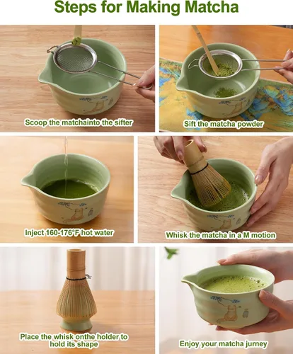 Vista 7 de Juego de batidor de matcha, juego de matcha de cerámica incluye cuenco matcha, batidor de matcha y soporte, cuchara de bambú, soporte para Verde