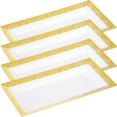 Vista 12 de Bandeja de Servir de Plástico Transparente (Paquete de 4) Bandejas y Platos Desechables Transparentes con Borde Dorado para Servir Alimentos