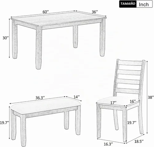 Vista 2 de LUMISOL Farmhouse - Juego de mesa de comedor de 6 piezas con banco, marrón + blanco lavado
