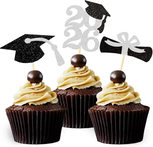 Vista 10 de Decoración para cupcakes de graduación con purpurina azul 2026, selecciones de alimentos/aperitivos, suministros de fiesta de graduación de 2026