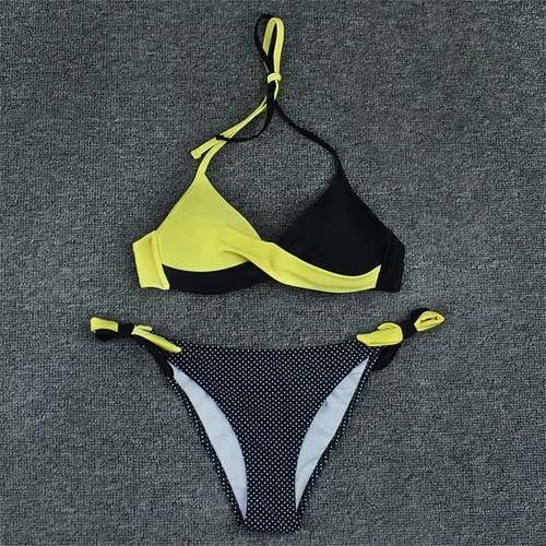 Vista 4 de Traje de baño de bikini con efecto push up para mujer, con tirantes delgados, parte delantera con cuello halter, parte superior triangular, sexy