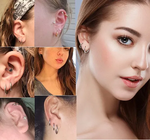 Vista 4 de 7 pares de aretes de aro de acero inoxidable quirúrgico 316L para mujeres y hombres, chapados en oro de 18 quilates, aretes de aro pequeños