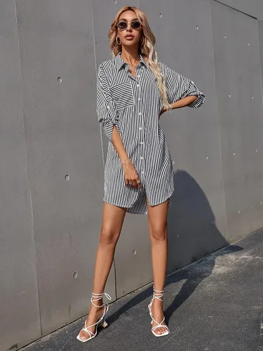 Vista 5 de Romwe Camisas a rayas con botones para mujer, cuello largo enrollado, blusas tipo túnica