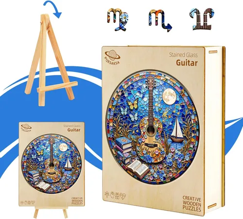 Vista 7 de Rompecabezas de madera para adultos, rompecabezas de madera de guitarra de vidrieras para adultos, rompecabezas de madera de libros de música