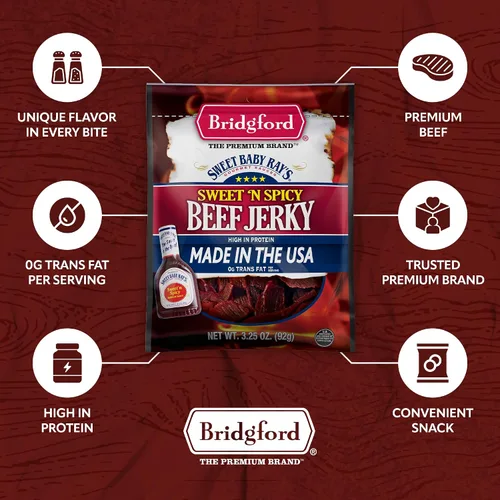Vista 4 de Bridgford Sweet Baby Ray's Beef Jerky Honey BBQ de 3.25 onzas, paquete de 2 – Cecina alta en proteínas para impulso de energía del mediodía
