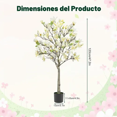 Vista 2 de Árbol de magnolia artificial de 4 pies para habitación, planta sintética Beige y amarillo