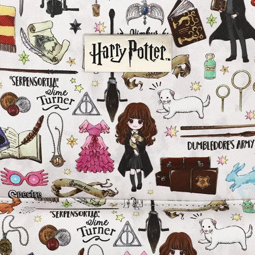 Vista 4 de Harry Potter Hogwarts Chibi Personajes e iconos en toda la mochila impresa en blanco