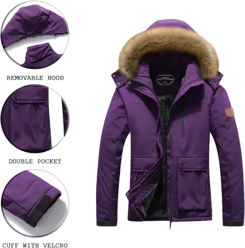 Vista 5 de MOERDENG Chaqueta de esquí impermeable para mujer, abrigo de nieve con capucha para invierno, chaqueta de esquí resistente al viento para mujer