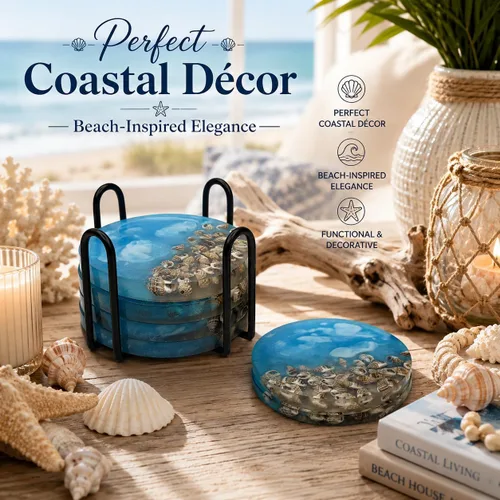 Vista 3 de Divit Shilp, juego de posavasos absorbentes de resina azul aguamarina con diseño de concha marina y soporte de metal, posavasos redondos hechos a