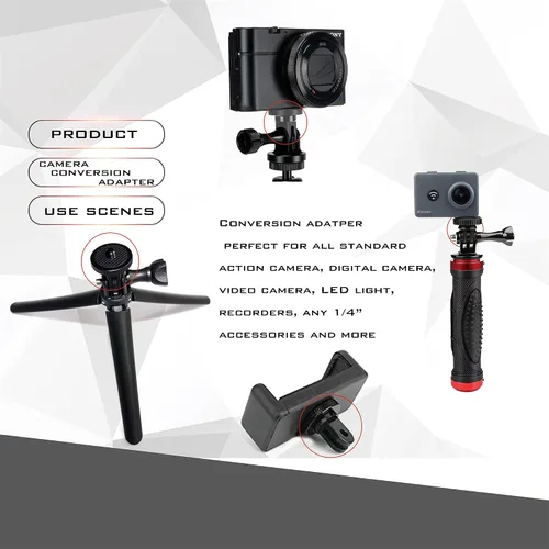 Vista 4 de Niewalda Adaptador de montaje de trípode de cámara de aluminio, 2 adaptadores de conversión ¼-20 para trípode, adecuado para GoPro