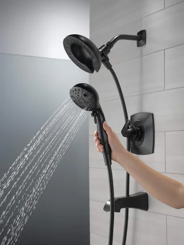 Vista 4 de Delta Vesna 14 Series 144789-BL-I - Juego de grifería de bañera y ducha de color negro mate con cabezal de ducha dual In2ition 2 en 1 con rociador