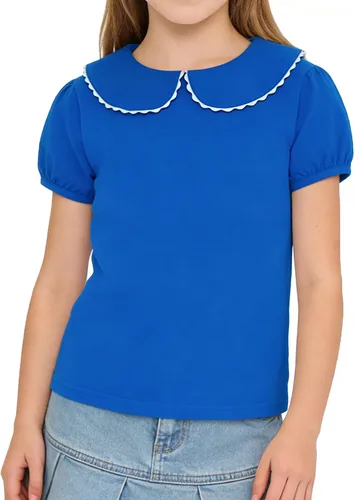 Vista 8 de LYSMuch Camisa básica de manga corta con cuello Peter Pan para niñas de 2 a 5 años, color liso