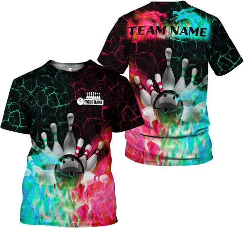 Vista 3 de Camisa de bolos personalizada, camisas con nombre personalizado, regalo para mujeres y hombres, mujeres, equipo de polo 3D, unisex, camiseta
