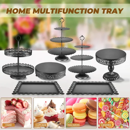 Vista 10 de Soporte de pastel negro, juegos de exhibición para mesa de postres, soporte de cupcakes metálico escalonado, bandeja de servir de comida, fruta