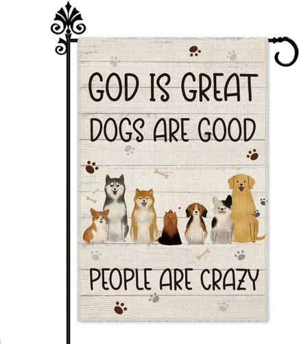 Vista 7 de Hafhue Bandera de jardín con la frase "Hope You Like Dogs", de doble cara, de 12 x 18 pulgadas, para decoración de patio o jardín, decoración
