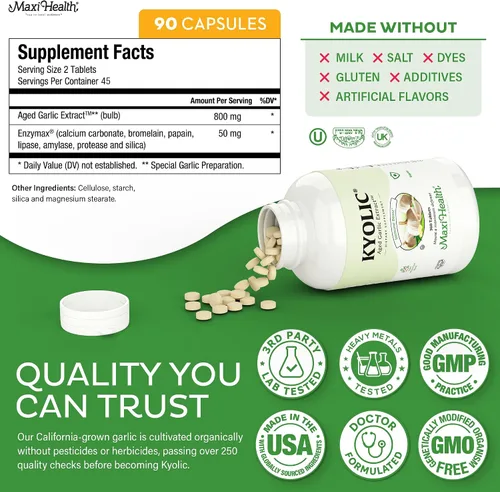 Vista 6 de Maxi Health Kyolic Suplemento de Ajo Orgánico - Tabletas de Ajo Kosher con Extracto de Ajo Envejecido Kyolic para Apoyo Inmunológico - Pastillas