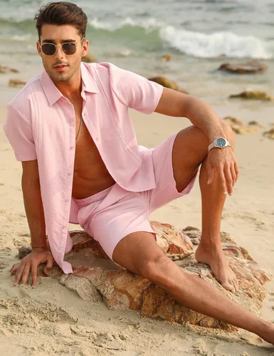 Vista 4 de LecGee Conjunto corto casual de verano para hombre, camisa cubana de lino de manga corta, pantalones cortos con cordón en la cintura, trajes