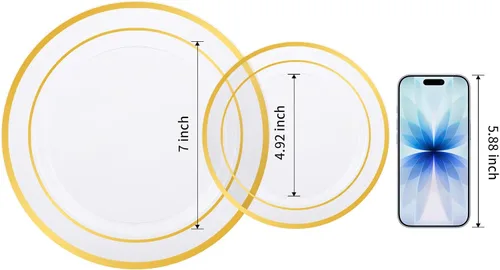 Vista 2 de BESTVIP 50 platos de plástico dorado transparente de 7 pulgadas, platos desechables para ensalada y postre con borde dorado para Navidad, Acción