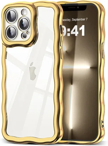 Vista 106 de SKYLMW Funda compatible con iPhone 12 Pro, diseño de ondas rizadas kawaii, borde chapado de lujo, elegante parte trasera transparente brillante, TPU