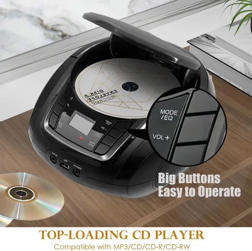 Vista 3 de LONPOO Reproductor de CD portátil Boombox con radio FM/USB/Bluetooth/entrada AUX y salida de jack de auriculares, altavoz de sonido estéreo y Negro
