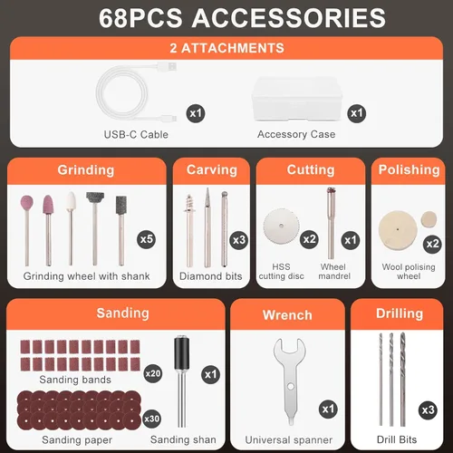 Vista 9 de Herramienta giratoria inalámbrica, kit de amoladora de pantalla Sreen de 6 velocidades con pinza universal y luz LED frontal, 68 accesorios
