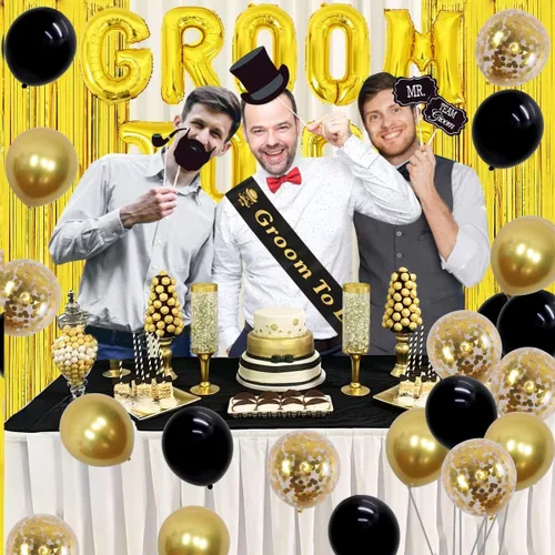 Vista 4 de Decoraciones de soltero para hombres – Banda de novio, globos y accesorios para fotos – Negro y dorado – Ducha de novio y suministros de fiesta