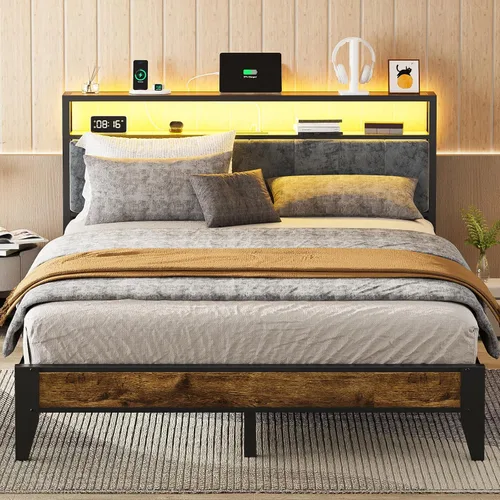 Vista 10 de OLEVS Base de cama individual con cabecera de almacenamiento con luz LED y estación de carga tipo C, base de cama de plataforma metálica