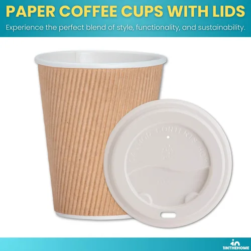 Vista 2 de Tazas de café desechables con tapas, tazas de papel de 10 onzas, pared ondulada aislada, paquete de 50