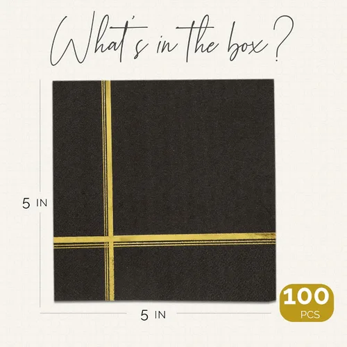 Vista 2 de Servilletas negras y doradas – Juego de 100 servilletas desechables de cóctel y postre de 5 x 5 pulgadas con borde dorado, perfectas para bodas