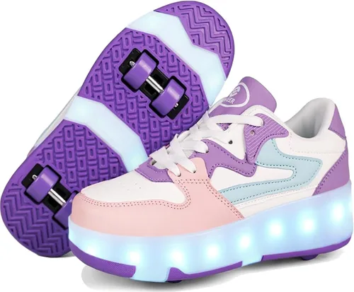 Vista 9 de Ufatansy - Zapatos con ruedas para patinar para niños y niñas, con 4 ruedas desmontables, 16 modos de luces LED de colores, zapatillas deportivas
