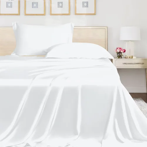 Vista 24 de LINENWALAS Sábana plana Full solamente - Sábana de cama de rayón derivado de seda de bambú, sábana premium transpirable refrescante, sábana superior