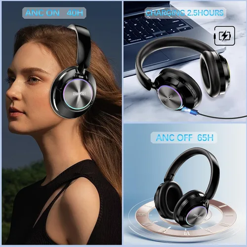 Vista 2 de Auriculares inalámbricos Bluetooth con cancelación de ruido con micrófono, tiempo de reproducción de 65 horas, llamadas claras, ajuste cómodo