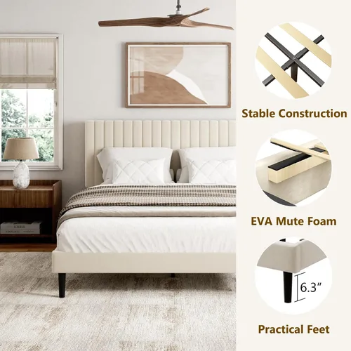 Vista 5 de Sismplly Armazón de cama tamaño completo con cabecera tapizada en terciopelo, cama de plataforma con listones de madera resistentes, base
