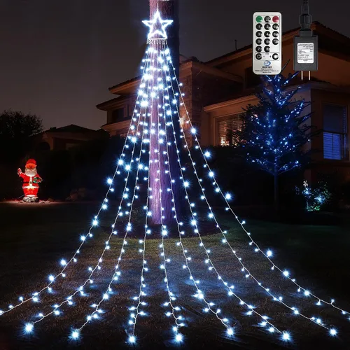Vista 12 de WBao 344 luces LED de Navidad para decoración al aire libre con estrella de 12 pulgadas, luces de Navidad de cascada de 11.9 pies, control remoto, 8