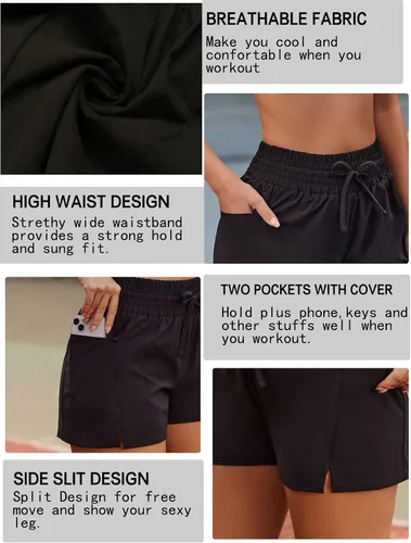 Vista 4 de COOrun - Pantalones cortos deportivos de cintura alta para mujer, pantalones cortos deportivos con bolsillo, pantalones cortos elásticos