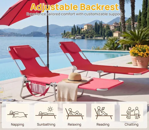 Vista 6 de Silla de bronceado solar con agujero facial, sillas reclinables de playa Rojo