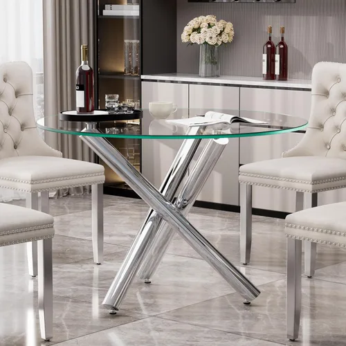 Vista 12 de Mesa de comedor redonda de vidrio para 2-3, parte superior de vidrio templado moderna, patas cromadas resistentes, almohadillas ajustables
