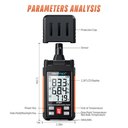 Vista 3 de Protmex HT607 Medidor de temperatura y humedad higrómetro digital de alta precisión con ambiente, humedad relativa, punto de rocío, termómetro