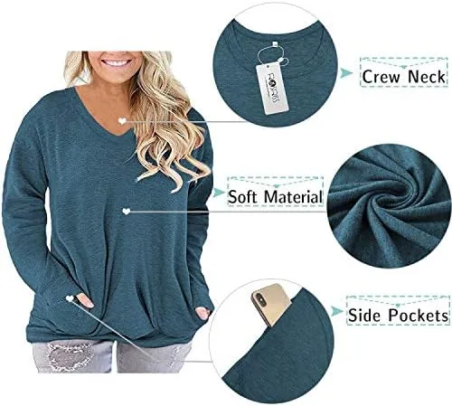 Vista 4 de ROSRISS Plus-Size-Tops for Women Long Sleeve V Neck Shirts Oversized Pockets Tunics