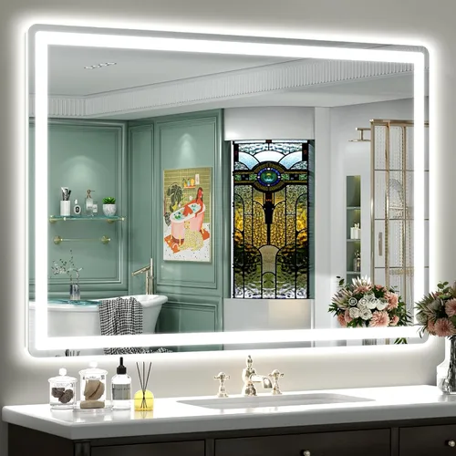 Vista 11 de SMIROR Espejo de baño LED con luces de 22" x 30", espejo de tocador rectangular redondeado iluminado para pared, iluminado frontal y retroiluminado