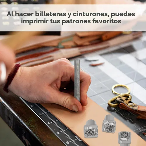 Vista 6 de Herramientas de Estampado de Cuero, Kit de Estampado de Cuero con 12 Sellos de Tangcao y Herramientas de Estampado y Punzón y Martillo de 25mm y 3