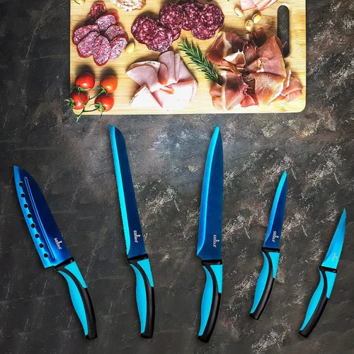 Vista 8 de SiliSlick Rainbow - Juego de cuchillos de cocina afilados de acero inoxidable con revestimiento de titanio, chef, pan, Santoku, pelar y utilidad