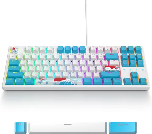 Vista 8 de Teclado mecánico 75% para juegos con interruptor rojo, teclado retroiluminado LED RGB blanco y azul, 87 teclas compacto TKL teclado de computadora